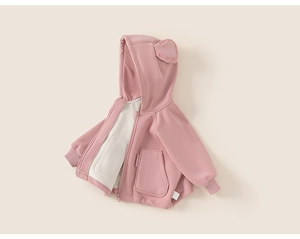 Detail of pink toddler hoodie with soft fleece lining and cute animal ears on the hood
