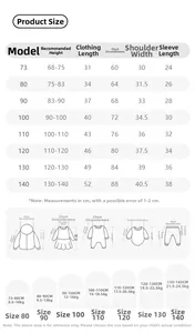 Detailed size chart for girls winter padded jackets covering heights from 68cm to 140cm