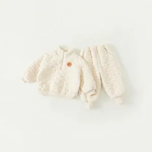 Quilted cream beige fleece toddler two-piece set with stand collar and sunflower patch
