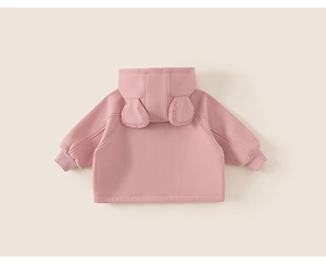 Detail of baby pink hooded sweatshirt featuring cute 3D ears and ribbed cuffs