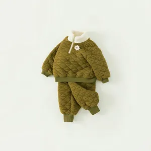 Quilted olive green kids tracksuit set with fleece collar and white flower patch
