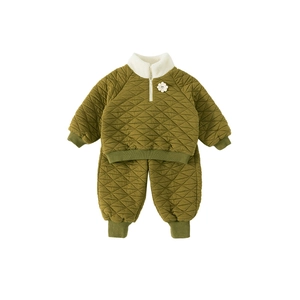 Olive green quilted toddler two-piece set with white fleece collar and floral detail
