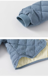 Detail view of quilted blue kids jacket with ribbed cuffs and warm fleece lining