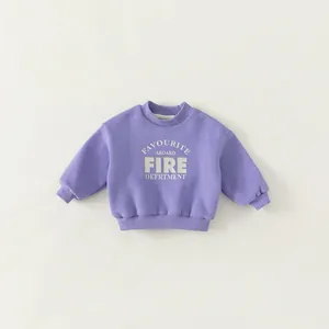 Kids purple fleece sweatshirt with letter print and ribbed cuffs for autumn and winter
