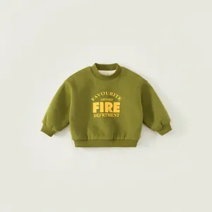 Olive green kids fleece sweatshirt with yellow letter print and ribbed cuffs for autumn
