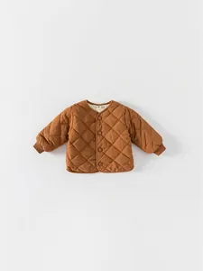 Brown quilted cotton jacket for toddlers featuring a warm diamond pattern and ribbed cuffs