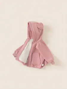 Pink hooded fleece jacket for kids featuring cute bear ears and a zipper closure
