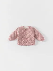 Pink quilted cotton jacket for toddler girls with diamond pattern and button closure