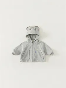 Gray toddler hooded zip jacket with cute bear ears and ribbed cuffs in minimalist flat lay