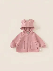 Pink hooded sweatshirt for kids with cute bear ears and front zipper closure