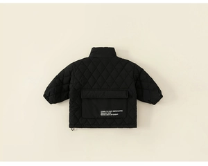 Detail of children's black quilted jacket back featuring a motivational text pocket