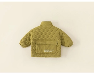 Rear view of olive green quilted children jacket with rhombus pattern and back pocket
