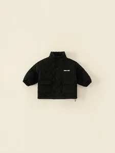 Kids black quilted puffer jacket with diamond patterns and front button closure