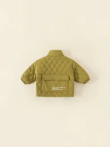 Kids quilted diamond jacket with motivational back slogan and large pockets in olive green