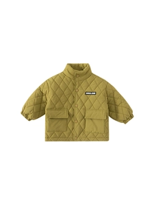 Kids quilted mustard green jacket with diamond pattern stitching and front pockets