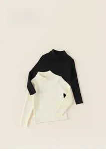 Kids ribbed knit base layer tops in black and off-white colors for autumn and winter