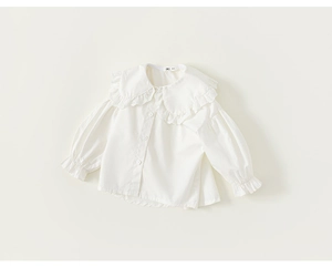 Detailed view of the Peter Pan collar with delicate lace trim on a white girl's shirt