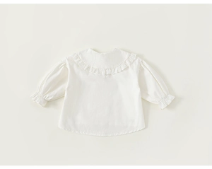 Detail of white girls blouse with lace ruffled collar and stylish puff sleeves