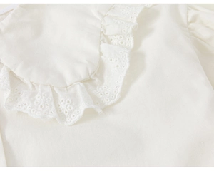 Close-up of girls' white cotton shirt featuring delicate eyelet lace embroidery on collar
