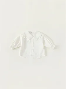 Girls Cotton Long Sleeve Shirt Korean Style Lace Peter Pan Collar White Blouse Sweet Puff Sleeve Top For Toddler Kids