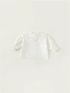 Elegant white cotton long sleeve girl's shirt with lace collar and puff sleeves