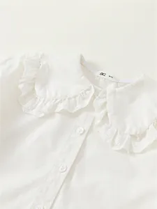 Girls Peter Pan collar shirt in cream white with lace embroidery and button details