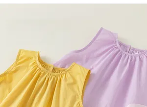 Detail of soft cotton sleeveless girls' summer dress with collar pleats in yellow and purple