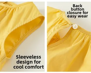 Detail of yellow cotton sleeveless dress with back button closure and smooth armhole cut