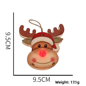 Detail of wooden reindeer ornament with LED red nose and rope hanger, 9.5cm size