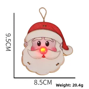 Detail of wooden Santa Claus hanging ornament with LED light and size 9.5cm by 8.5cm