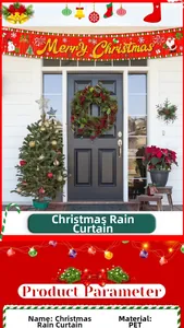 Detail of PET Merry Christmas tinsel foil fringe banner with festive holiday graphics
