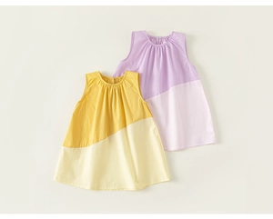Detail of A-line sleeveless cotton dresses with pleated neckline and diagonal patchwork