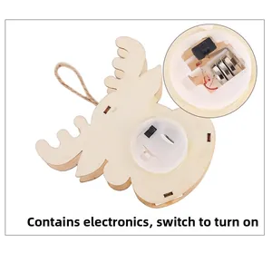 Detailed back view of reindeer wooden ornament showing the battery box and switch