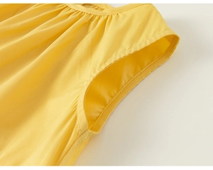 Detail of smocked neckline and fine stitching on bright yellow sleeveless dress fabric