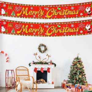 Festive Merry Christmas banner with colorful tinsel fringe for holiday home party decor