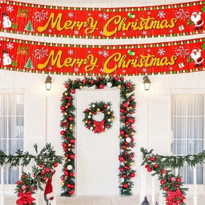 Red Merry Christmas banner set with Santa and Snowman for festive home door decoration