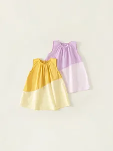 Girls pastoral A-line sleeveless cotton dress with diagonal color block stitching design