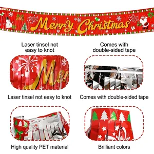 Red Merry Christmas tinsel foil fringe curtain with golden lettering for party decor