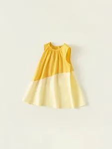Girls pastoral A-line sleeveless dress featuring yellow and beige patchwork design