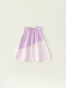 Girl's summer A-line sleeveless dress featuring a purple and pink colorblock design