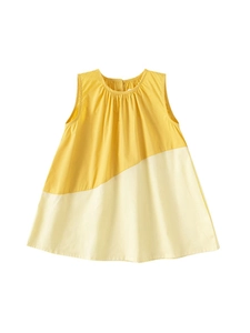 Girls' yellow and cream color-block sleeveless A-line summer dress with pleated round neck