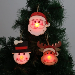 Set of 3 glowing wooden Christmas tree pendants featuring Santa, snowman and reindeer