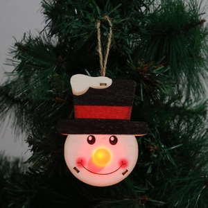Cute snowman Christmas tree ornament with glowing LED nose and rustic hemp rope hanger