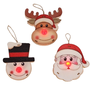 Set of three wooden Christmas ornaments with LED glowing noses and rustic hemp rope hangers