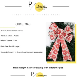 Detail showing red and white Christmas bow with snowflake print and product specifications