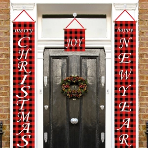Lot de 3 bannières de Noël à carreaux rouges et noirs pour la décoration de la porte