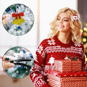 Christmas hair clips with bells and stars sequins on cozy holiday festive models