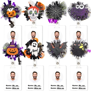 Set of 8 Halloween retractable badge reels with pumpkin, skull, and ghost designs