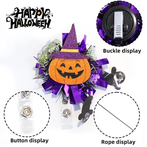 Halloween retractable badge holder with pumpkin and wizard hat design on a white background