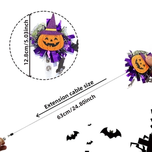 Detail showing pumpkin badge reel with retractable cord and dimensions for Halloween decor